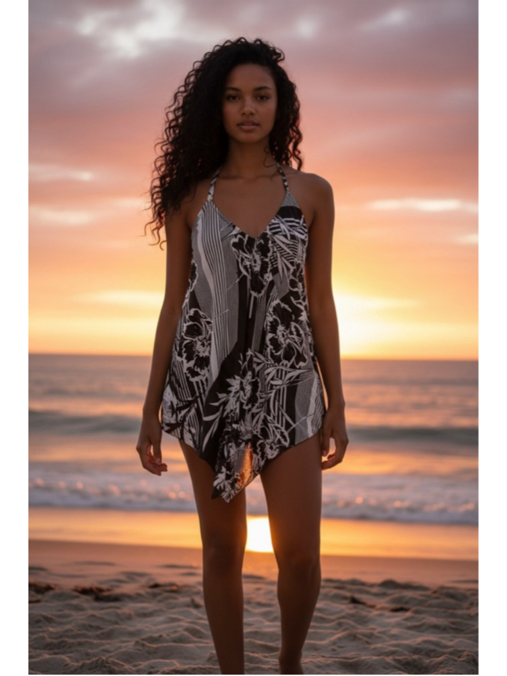 Women's UNIQUE SPECTRUM Black White Floral Striped One Piece Swimsuit 1X